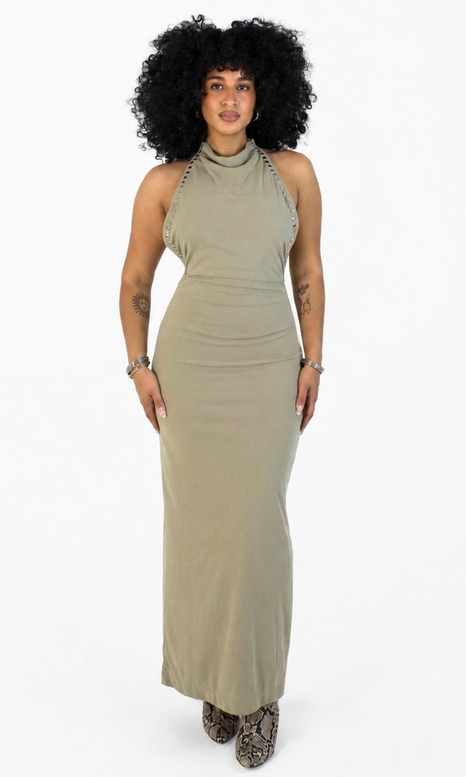SILVER STUDDED BACKLESS MAXI DRESS