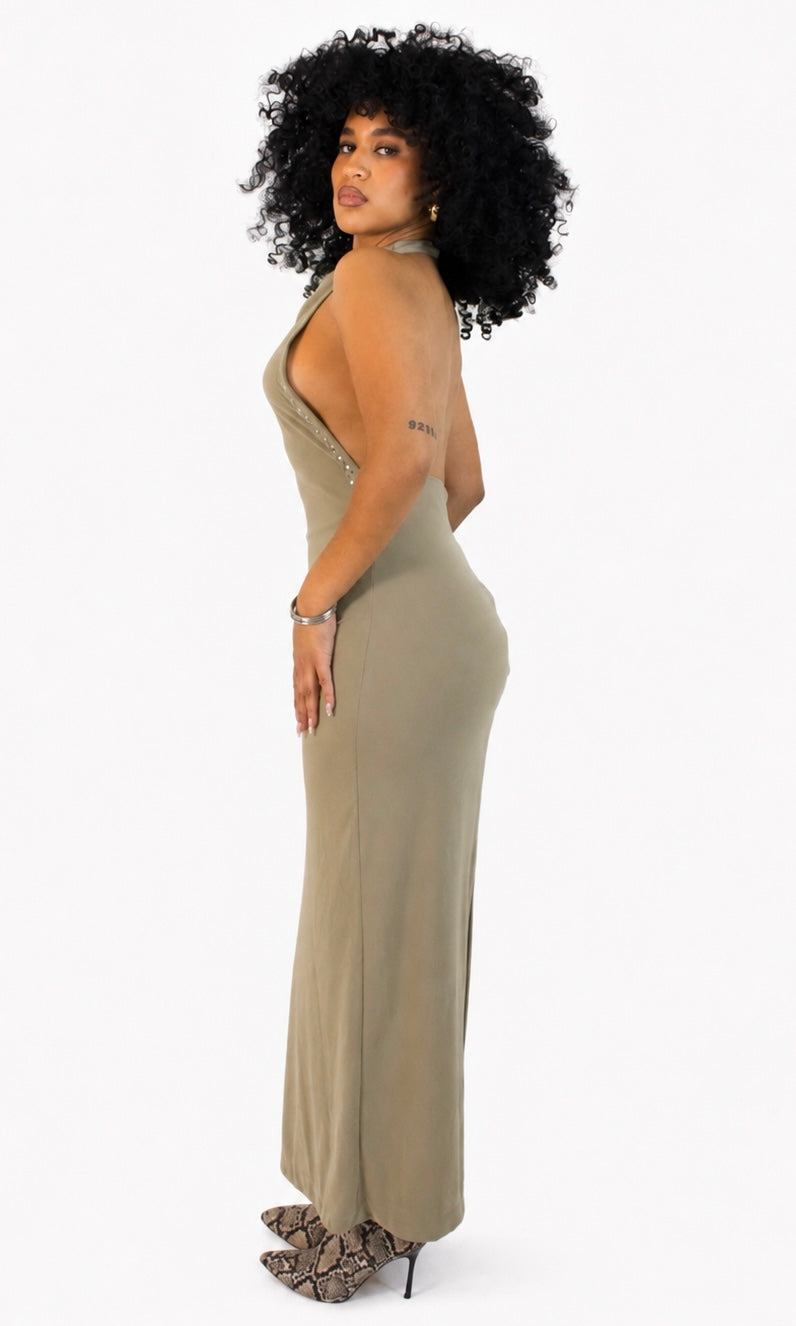 SILVER STUDDED BACKLESS MAXI DRESS