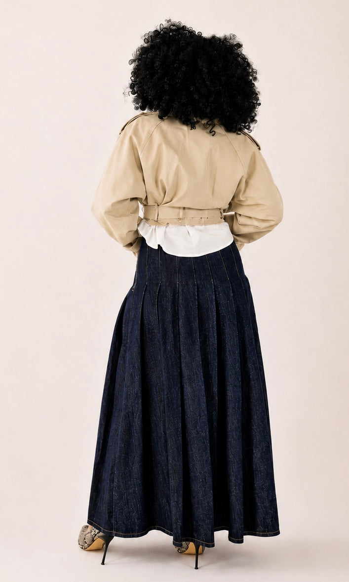 DENIM PLEATED MAXI SKIRT