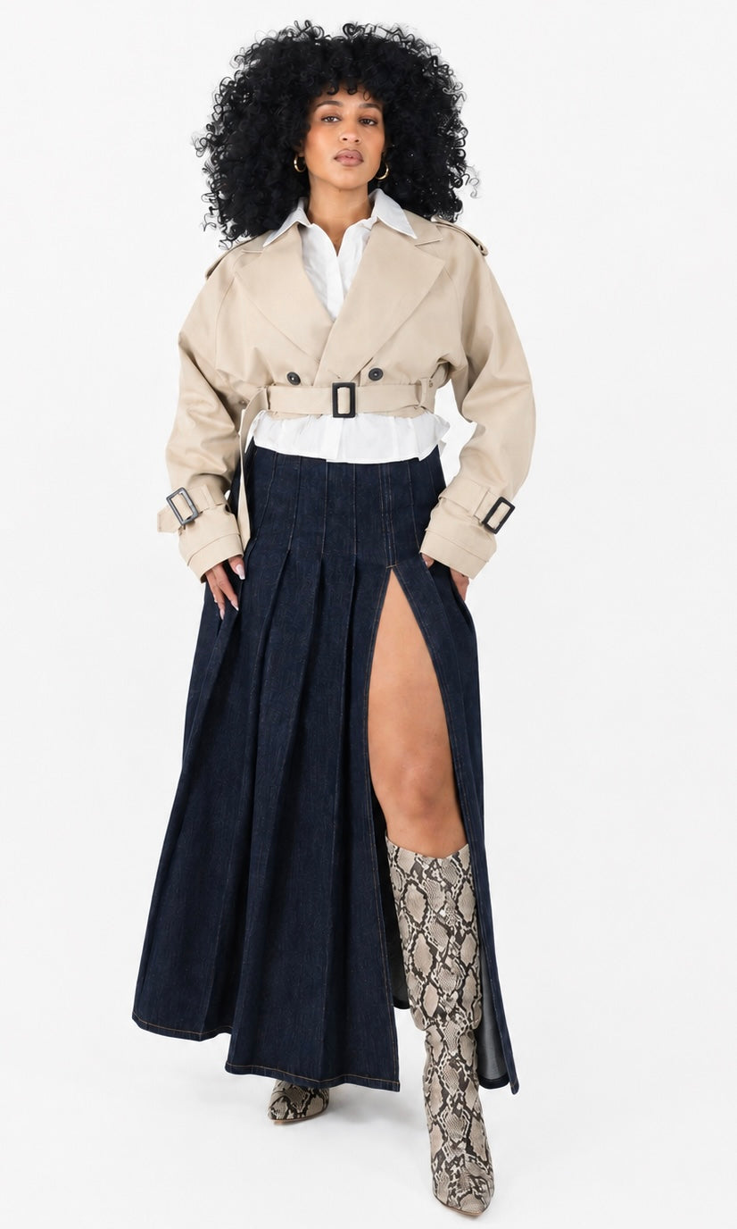 DENIM PLEATED MAXI SKIRT