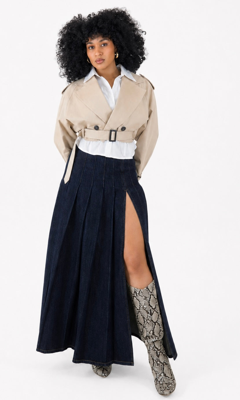 DENIM PLEATED MAXI SKIRT