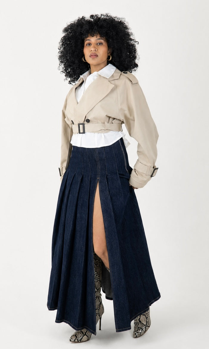 DENIM PLEATED MAXI SKIRT