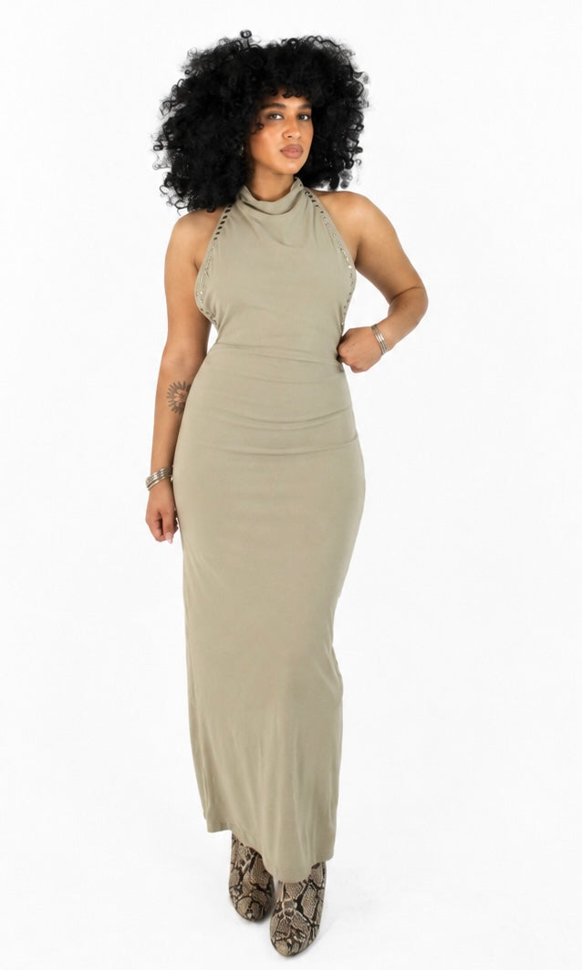SILVER STUDDED BACKLESS MAXI DRESS